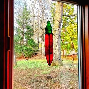 VINTAGE STAINED GLASS Suncatcher Artwork of a Beetle Red & Green with Wire Legs